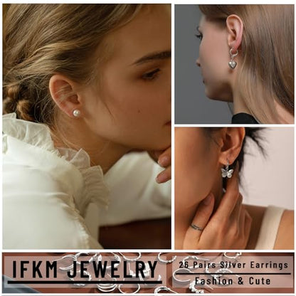 IFKM 24 Pairs Gold Hoop Earrings Set for Women Hypoallergenic Chunky Chain Twisted Open Hoops Dangle Earring Packs for Birthday Party Christmas Fashion Jewelry Gift - color: 26 Pairs Silver Cute
