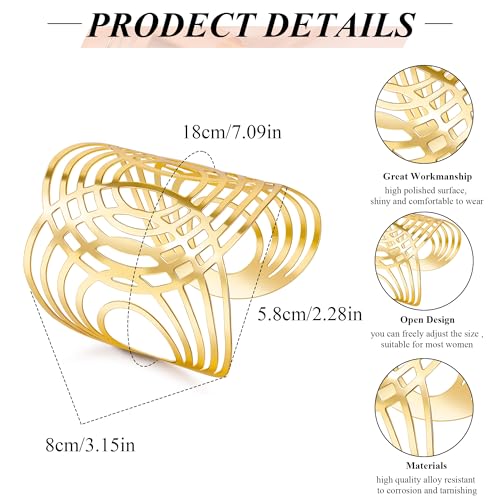 2Pcs Cuff Bangle Bracelet for Women Open Wide Bangle Bracelet Set | minimalist statement bangle bracelets，wrist cuff wrap bracelet adjustable，open wide wire grooved hammered bracelet set - color: 2PCS-Gold-G