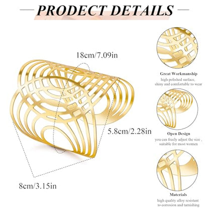 2Pcs Cuff Bangle Bracelet for Women Open Wide Bangle Bracelet Set | minimalist statement bangle bracelets，wrist cuff wrap bracelet adjustable，open wide wire grooved hammered bracelet set - color: 2PCS-Gold-G