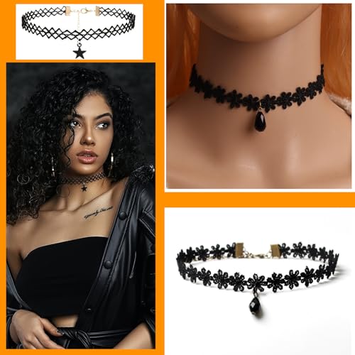 10 PCS Adjustable Layered Velvet Choker Black Gothic Lace Choker Necklace Set for Women Necklaces Velvet Punk Jewelry Accessories Soft Collar Chain for Party Cosplay Daily Wear