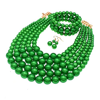 JNF Large Faux Pearl Necklaces for Women Multi strand Pearl Necklace Bracelet and Earrings Set 1920s Costume Pearls Necklace Jewelry Accessories - color: Green Pearl Necklace set