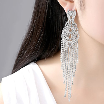 Silver Rhinestone Crystal Bridal Chandelier Long Tassels Dangle Earrings for Wedding - color: B-2
