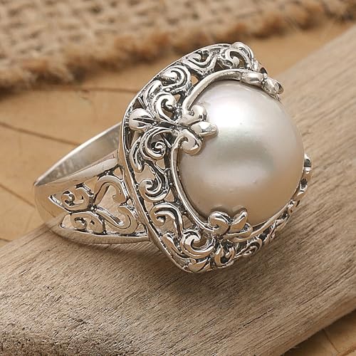 NOVICA Artisan Handmade Mabe Cultured Freshwater Pearl Cocktail Ring .925 Sterling Silver Floral Motif White Indonesia Birthstone 'White Lunar'