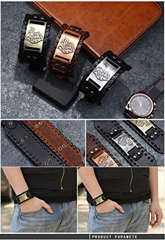 GelConnie Viking Bracelet Punk Leather Cuff Bracelet Gothic Leather Wristband Bracelet with Nordic Amulet Scandinavian Talisman Celtic Pagan Jewelry - color: Black Wolf