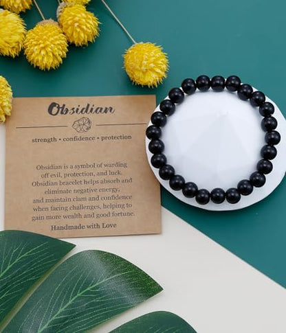 BOMAIL Natural Stone Beaded Bracelet for Women Men | 8mm Round Beads,Healing Crystal,Semi-Precious Gemstone,Yoga,Stretch,Bracelets Jewelry Gift - color: Obsidian