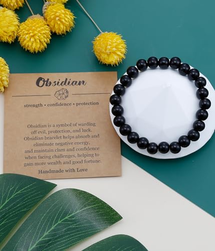 BOMAIL Natural Stone Beaded Bracelet for Women Men | 8mm Round Beads,Healing Crystal,Semi-Precious Gemstone,Yoga,Stretch,Bracelets Jewelry Gift - color: Obsidian