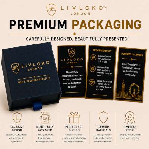 LONDON Mens Bracelet Leather Black Multi-Layer Stone Beads Adjustable Steel Clasp Viking Rope Bands Surfer Man Wristband Male UK Jewellery Gift box Boyfriend Dad Son Brother Tiger Eye - color: B. 19-22cm Black Brown Tiger-Eye Adjustable, size: Medium to L