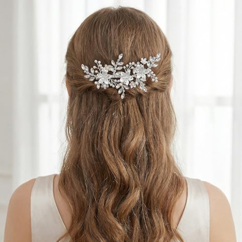 SWEETV Wedding Hair Clip for Brides Comb Bridal Hair Accessories Headpiece | Silver Handmade Flower Pearl Hair Comb Rhinestone Leaf Bridal Headpiece, Crystal Wedding Hair Pieces Brides Bridesmaids Women - color: Silver