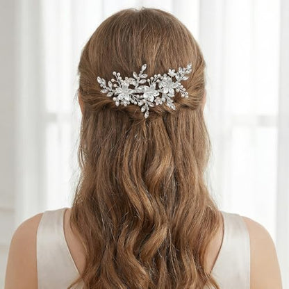 SWEETV Wedding Hair Clip for Brides Comb Bridal Hair Accessories Headpiece | Silver Handmade Flower Pearl Hair Comb Rhinestone Leaf Bridal Headpiece, Crystal Wedding Hair Pieces Brides Bridesmaids Women - color: Silver