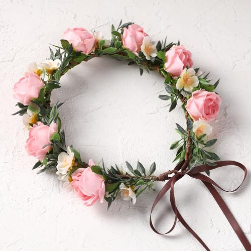 Fairy Pink Flower Crown Headband, Rose Floral Headpiece | Adjustable, Fairy Flower Crown, Women Girls, Renaissance Birthday Wedding Party Photo Props - color: Pink Rose