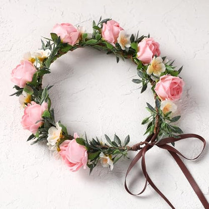 Fairy Pink Flower Crown Headband, Rose Floral Headpiece | Adjustable, Fairy Flower Crown, Women Girls, Renaissance Birthday Wedding Party Photo Props - color: Pink Rose