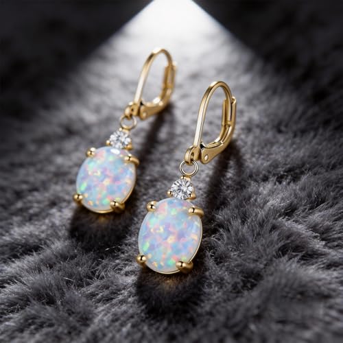 Dainty Opal Earrings for Women Sterling Silver Pear Oval Blue Opal Dangle Earrings Leverback Earrings Gold - color: leverback-gold opal