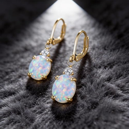 Dainty Opal Earrings for Women Sterling Silver Pear Oval Blue Opal Dangle Earrings Leverback Earrings Gold - color: leverback-gold opal