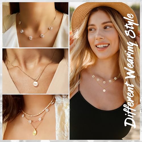 Trinckle Pearl Necklaces for Women, Pearl Choker Dainty Pendant Necklace | White Pendant Choker for Teen Girls, Layered Daisy Jewelry, Wedding Strands for Bride Bridesmaids as Beach Summer Accessories - style: Daisy necklace