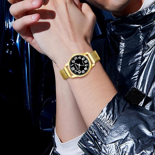 Avaner Stretch Band Wrist Watches: Elastic Strap Bangle Big Number Easy Reader Analog Quartz Wristwatch for Men Women - color: Gold Band Black Dial (for men)
