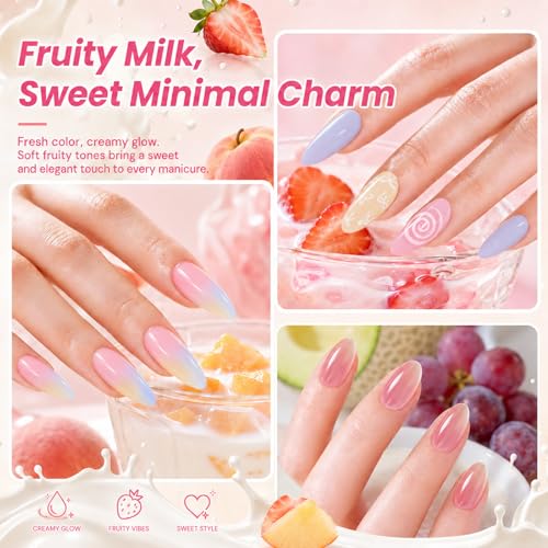 Beetles Fruity Milk Jelly Gel Nail Polish Set, 6 Colors Pastel Gel | Sheer Gel Polish Kit Pink Purple Blue Peach Nude Green Yellow Translucent Effect Soak Off UV Nail Art Manicure Gift for Women - color: 0-0-0-Fruity Milk