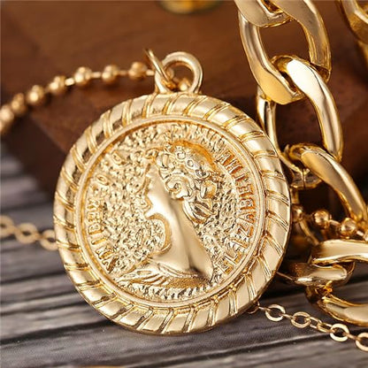 MJartoria Gold Layered Necklaces for Women Trendy Retro Birthflower Coin Pendant Necklace Dainty Chunky Chain Choker Necklaces for Jewelry Birthday Gifts - color: Golden, style: September Birthflower-Peony
