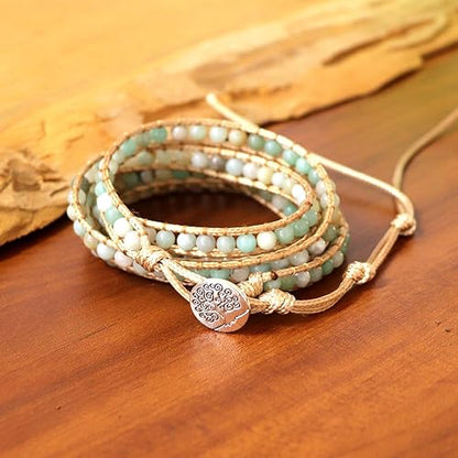 YGLINE Natural Stone Wrap Bracelet for Women Boho Bracelets Healing Crystal Beaded Bracelet Adjustable 3/5 Wraps Bracelet Handmade Birthday Gifts for Women - color: Amazonite(5 wraps)