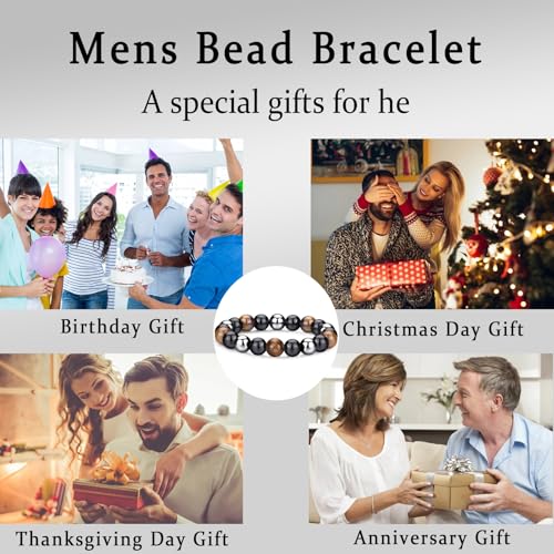 Mens Bead Bracelet Set - Adjustable Elastic Rope With 6&8MM Natural Stone Multi-Colored Beads - Tiger Eye Bracelets for Men - Gift - style: 3,tiger eye,black bracelets set