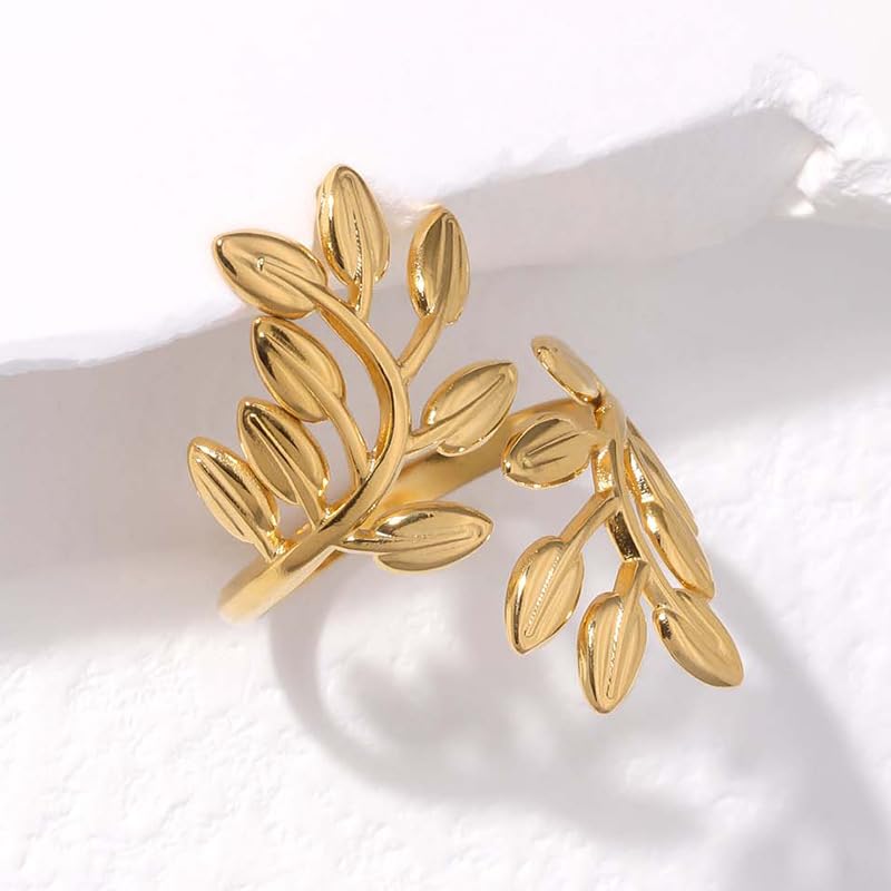 Stainless Steel Leaf Statement Ring for Women Laurel Branch Leaves Open Adjustable Band Fashion Finger Stacking Rings Birthday Party Jewelry Gifts Friendship - style: Leaves Gold