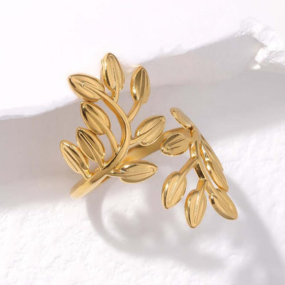 Stainless Steel Leaf Statement Ring for Women Laurel Branch Leaves Open Adjustable Band Fashion Finger Stacking Rings Birthday Party Jewelry Gifts Friendship - style: Leaves Gold