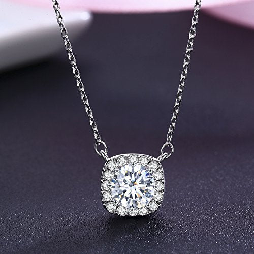SBLING Platinum Plated Cubic Zirconia/Austrian Crystal Cushion Shape Halo Pendant Necklace/Earrings - color: Fixed pendant-Cubic Zirconia