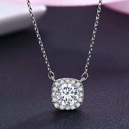 SBLING Platinum Plated Cubic Zirconia/Austrian Crystal Cushion Shape Halo Pendant Necklace/Earrings - color: Fixed pendant-Cubic Zirconia