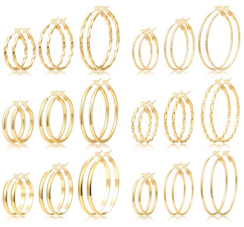 12 Pairs Gold Hoop Earrings Set for Women, Lightweight Big/Large Hoop Earrings Multipack, Hypoallergenic Gold Hoops Earrings Pack for Jewelry Gift 30mm/40mm/50mm - color: gold-18PCS