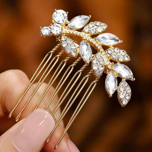 Foyte Crystal Bride Wedding Hair Comb Leaf Bridal Headpieces Rhinestone Hair Pieces Bridesmaid Side Combs Hair Accessories for Women (gold leaf) - color: gold leaf