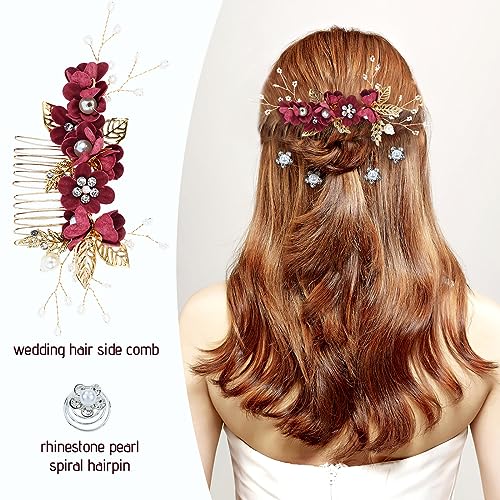 Cinaci 18 Pieces Bridal Wedding Party Prom Pearl Rhinestone Burgundy Flower Hair Side Combs Slides+U-shaped Flower Hair Pins+Twist Spiral Hairpins Floral Headpieces for Brides Bridesmaids Women Girls - color: Burgundy