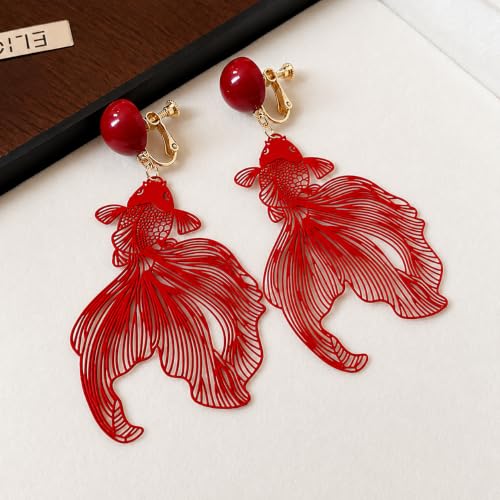 Red Koi Fish Clip On Earrings, Metal and Acrylic Statement Dangle Earrings for Women Festival Party Jewelry