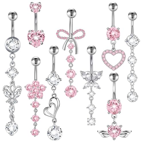 MEDOJO 7Pcs Belly Button Ring Pink Surgical Stainless Steel Belly Ring Bow Butterfly Heart Flower Navel Ring Belly Piercing for Women - color: Pink