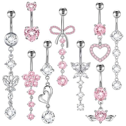 MEDOJO 7Pcs Belly Button Ring Pink Surgical Stainless Steel Belly Ring Bow Butterfly Heart Flower Navel Ring Belly Piercing for Women - color: Pink