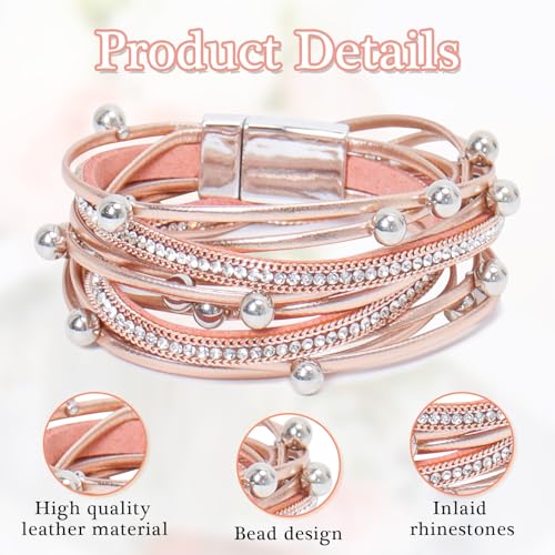2 Pcs Leather Wrap Bracelets for Women Boho Rustic Multi-Layer Bracelet Clasp Beads Stackable Faux Rhinestone Bracelet Cuff for Women Slender Wrist - color: Black