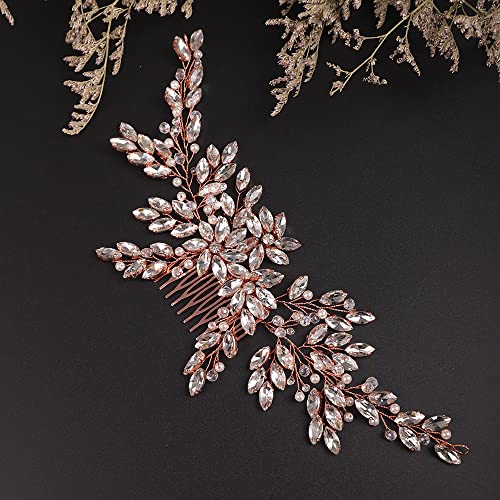 Wedding Rose Gold Hair Comb with Rhinestone Crystal Flower for Bridal Headpieces, Handmade Accessories for Women and Girls (ROSE GOLD) - color: ROSE GOLD