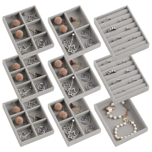 Frebeauty Small Jewelry Organizer for Drawer,Set of 9 Velvet Jewelry Trays | Jewelry Box Inserts,Drawer Inserts,Vanity Drawer Organizer,Mini Size,Stackable Earring Organizer,Adjustable Dividers - color: Grey, size: Mixed Set 9