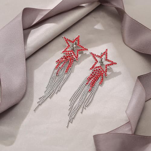 EVER FAITH Crystal Long Waterfall Star Tassel Clip-on Earrings for Women | Rhinestone Beaded Fringe Chandelier Dangle Statement Earring, Wedding Party Jewelry - color: Red Silver-Tone