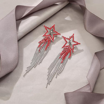 EVER FAITH Crystal Long Waterfall Star Tassel Clip-on Earrings for Women | Rhinestone Beaded Fringe Chandelier Dangle Statement Earring, Wedding Party Jewelry - color: Red Silver-Tone