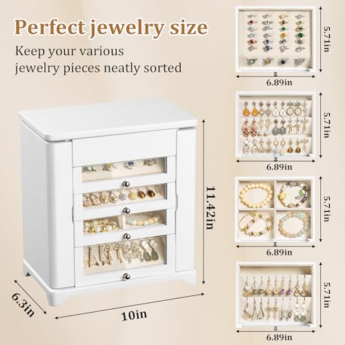 Large Jewelry Box & Organizer for Women, Wooden Jewelry Storage with 4 Transparent Drawers, Holds Necklaces, Rings, Bracelets, Earrings and Watches(White) - color: White