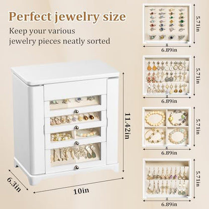 Large Jewelry Box & Organizer for Women, Wooden Jewelry Storage with 4 Transparent Drawers, Holds Necklaces, Rings, Bracelets, Earrings and Watches(White) - color: White