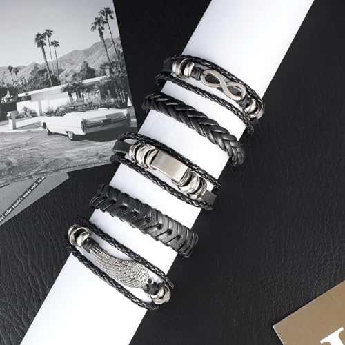 5 Pcs Braided Leather Bracelets for Men Women Woven Cuff Bracelet Adjustable - color: Silver Clasp