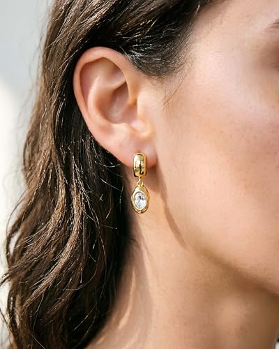 14K Gold Plated Chunky Huggie Hoop Earrings, Plump Teardrop Dangle Drop Earrings Elegant Statement Jewelry for Women - color: CZ oval/gold