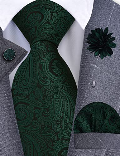 GUSLESON 3.15"（8cm） Mens Tie and Lapel Pin Paisley Necktie Hankerchief Cufflinks Set for Men - color: Hunter Green