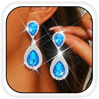 Catery Crystal Wedding Earrings Silver Rhinestone Ear Rings Teardrop Bridal Ear Jewelry for Brides and Women - color: Aquamarine