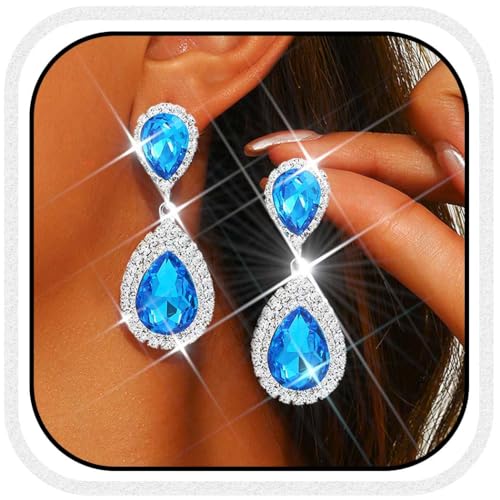 Catery Crystal Wedding Earrings Silver Rhinestone Ear Rings Teardrop Bridal Ear Jewelry for Brides and Women - color: Aquamarine