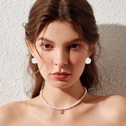 Handmade Bohemian Aesthetic Dainty Acrylic Flower Petal Leverback Earrings Sparkly 14K Gold Floral Dangle Drop Earrings for Women - color: White