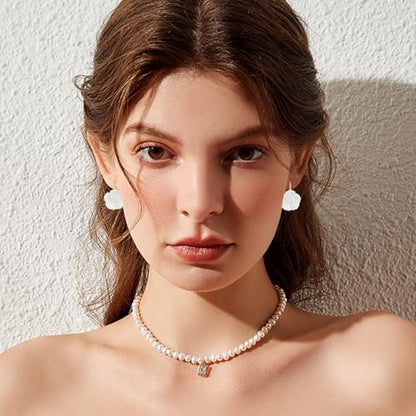 Handmade Bohemian Aesthetic Dainty Acrylic Flower Petal Leverback Earrings Sparkly 14K Gold Floral Dangle Drop Earrings for Women - color: White