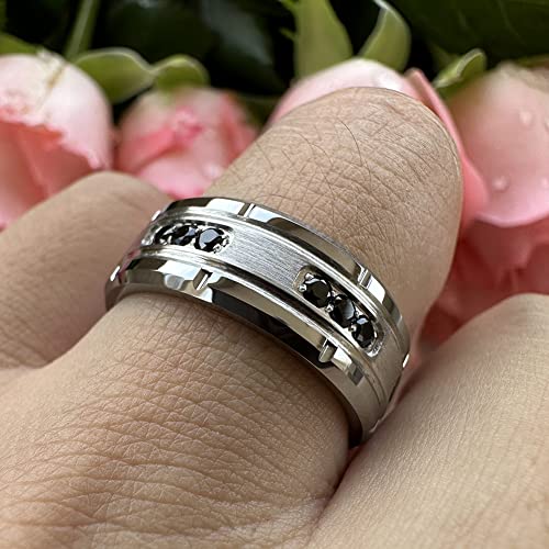 TUTISS 8mm Silver/Black Tungsten Rings for Men Women Promise Engagement Eternity Wedding Bands Black Cubic Zircon Stone Inlay All Around Matte Finish Comfort Fit - color: 8mm Tungsten