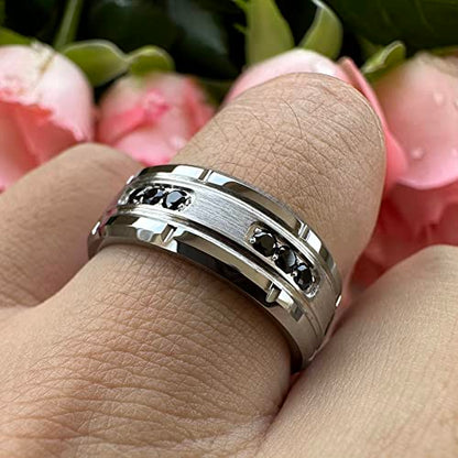 TUTISS 8mm Silver/Black Tungsten Rings for Men Women Promise Engagement Eternity Wedding Bands Black Cubic Zircon Stone Inlay All Around Matte Finish Comfort Fit - color: 8mm Tungsten