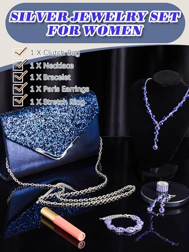 Henoyso 5 Pcs Purse Rhinestone Jewelry Set Prom Jewelry Rhinestone Clutch Purse Necklace Earrings Bracelets for Women Bride - color: Royal Blue